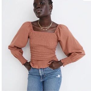 NWT Madewell Lucie Bubble-Sleeve Smocked Top Peasant Blouse Warm Umber Small